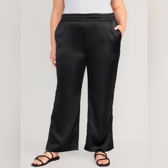 NWT! Black Mid-Rise Wide-Leg Satin Track Pants for Women - Size 2X  🔹 - Picture 7 of 9